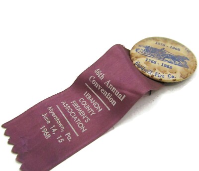 Vintage 1968 Lebanon County Firemen's Convention Ribbon Goodwill Fire Co Pin PA