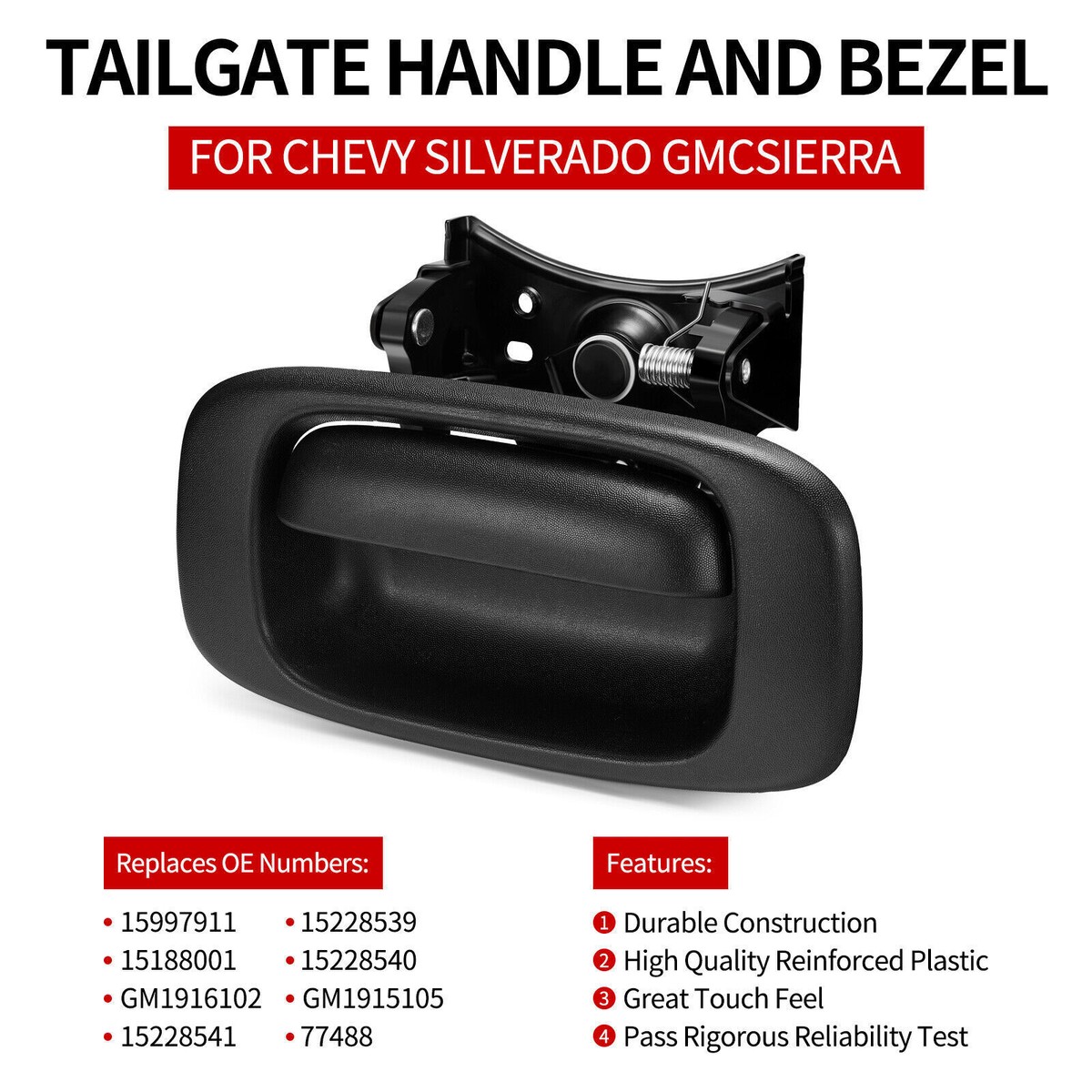 Replacement Tailgate Handle For 1999-2007 Chevy Silverado & GMC Sierra - Complete Kit With Bezel & Clips