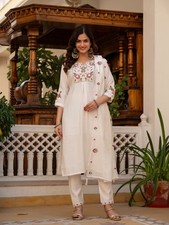 Indian Designer White Natural Silk Salwar Kameez With Net Dupatta For Women