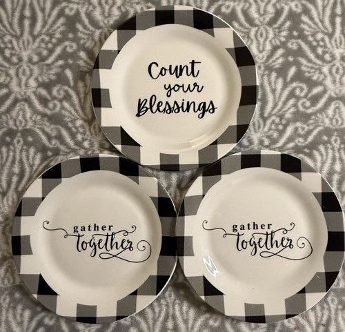Set Of 3 - 8 Inch Black/White Gathering Glass Royal Norfolk Kitchenware Plates - Picture 1 of 2