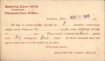 Beatrice, Nebraska NE Beatrice Corn Mills Receipt Postcard 1909 Original Vintage