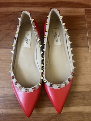 Valentino Garavani Rockstud Red Leather Flat Shoes sz 36.5