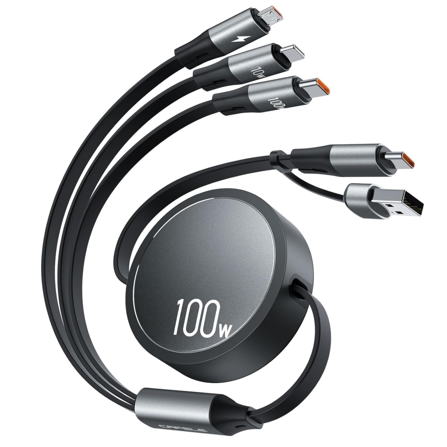 Elegantes 6-in-1 USB A/C Ladekabel, 100W PD, Einziehbar für Smartphone & Laptop