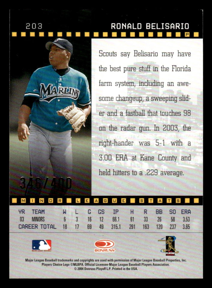2004  Donruss Studio #203 Ronald Belisario Rookie AUTO #d /400! Florida Marlins - Image 2 of 2