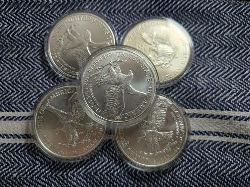 5x American Silver Eagle 1oz .999 Fine Silver BU in Air-Tite Capsules Lot of 5