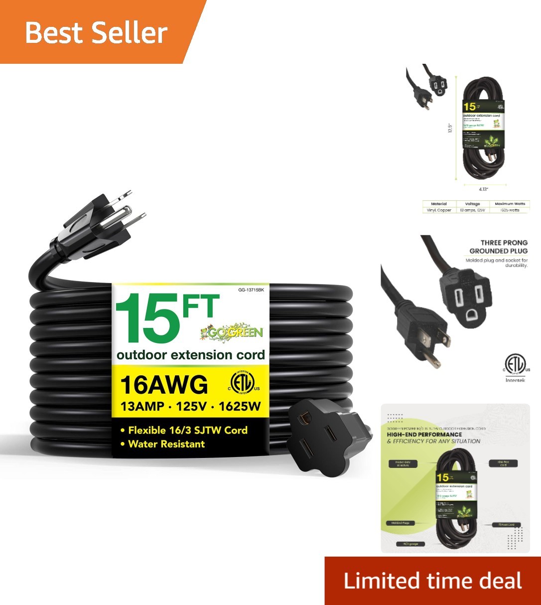 Go Green Power 15 ft Outdoor Extension Cord with Molded Plug
