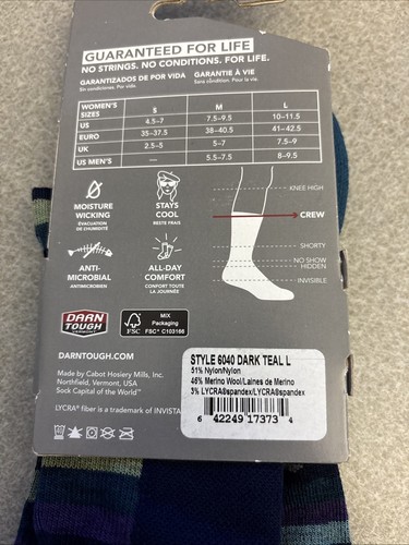 Darn Tough Vermont Merino Wool Crew Sock, Dark Teal. Women Large, NWT - Picture 4 of 4