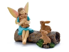 Miniature Fairy Garden Fairy on Log Snuggling w/ Bunny Friends - Buy 3 Save $5