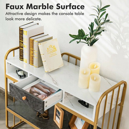 Console Table with Drawer Storage Shelf Wide Tabletop-White - Color: White - Picture 5 of 5