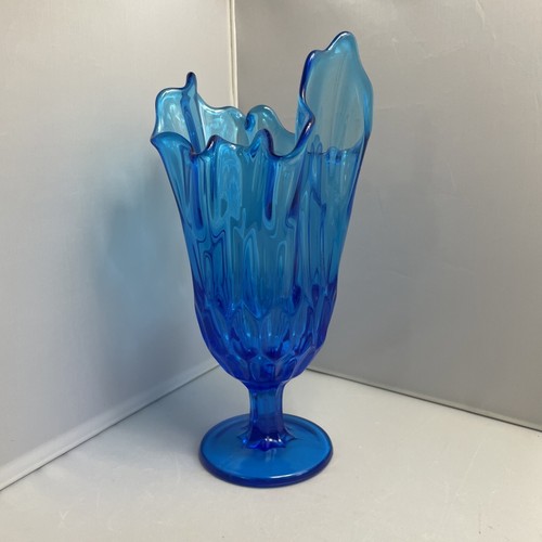 VTG Fenton Colonial Blue Glass Swung Vase Thumbprint Handkerchief Pedestal MCM - Picture 4 of 14
