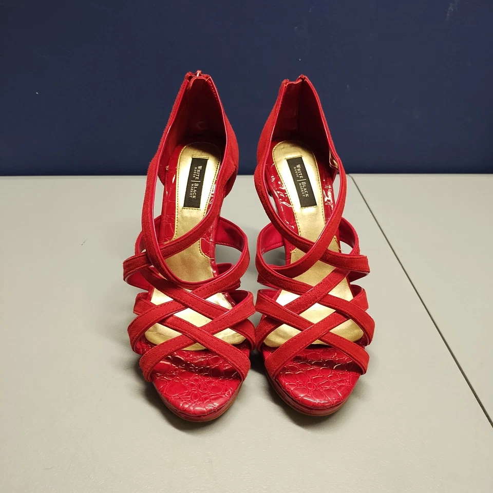 Tacones White House Black Market Rioja para mujer talla 8,5 cuero rojo punta abierta cremallera trasera Foto 2 de 4