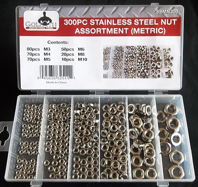 GOLIATH INDUSTRIAL TOOL 300pc GOLIATH INDUSTRIAL SSMN300 STAINLESS STEEL METRIC NUT ASSORTMENT M10 M8 M6