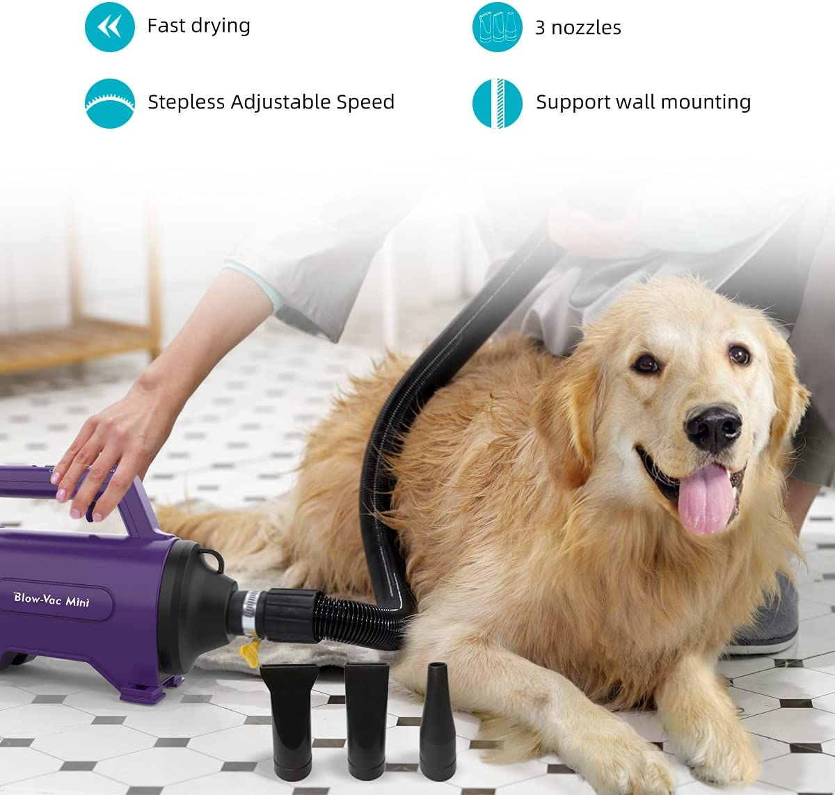 GustyAir Mini Dog Blow Dryer - Professional High-Velocity Force Dryer For Groomers, Quiet & No Heat, Purple