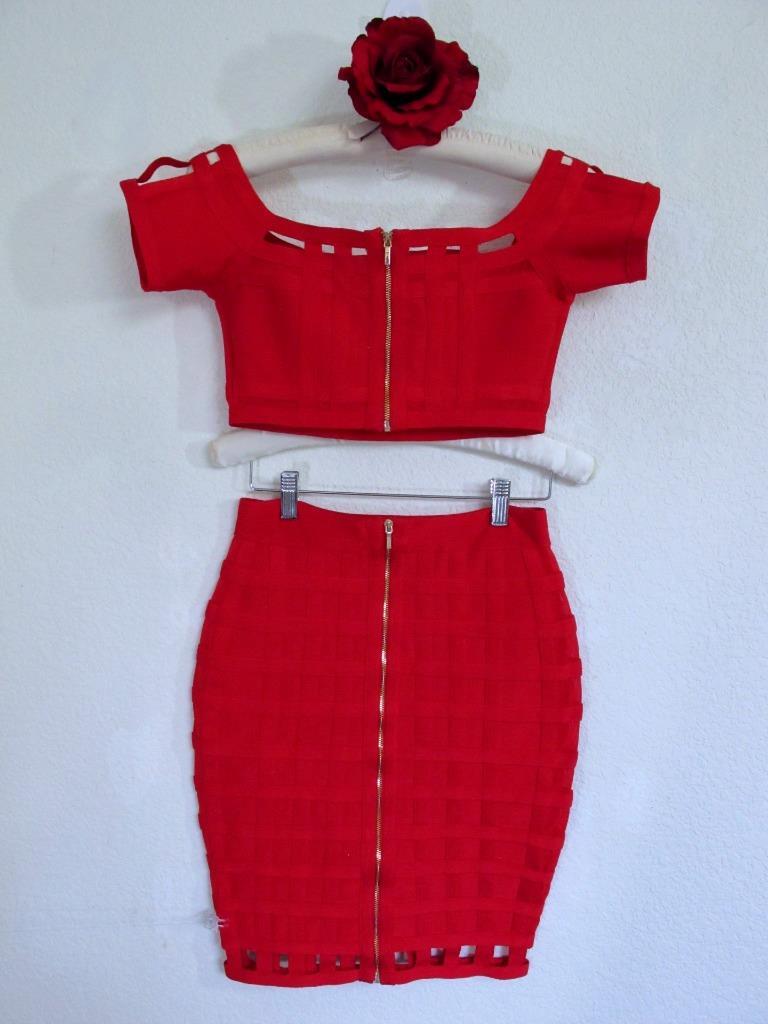 Bebe 2 pc Elastic Bandage Dress Crop Top and Skirt S Lipstick Red Sexy BodyCon Bebe 2 pc Elastic Bandage Dress Crop Top and Skirt S Lipstick Red Sexy BodyCon