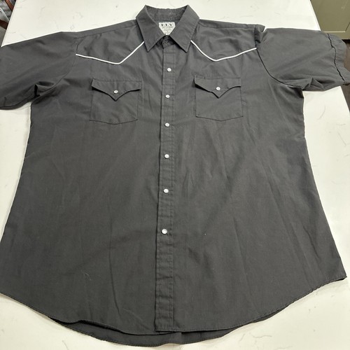 Ely Cattleman Short Sleeve Pearl Snap Mens XL Black 65% Polyester 35% Cotton