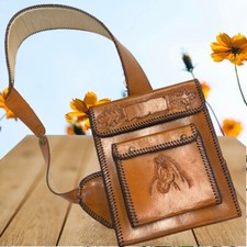Western Leather Horse Saddle Bag Tooled Genuine Cow Hide 12 L x 10 W x 2 D ..