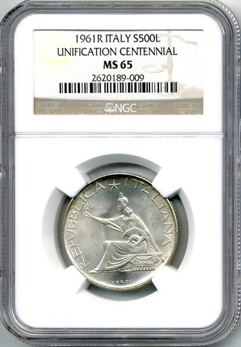 1961R Italy 500 Lire, Unification Centennial - Gem Uncirculated, NGC MS 65