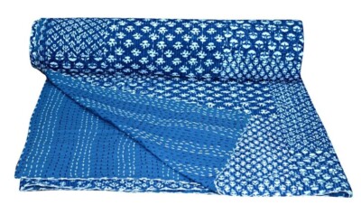 Indian Hand Block Print Kantha Quilt Blanket Cotton King Size Bedspread Throw
