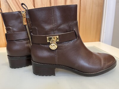 Michael Kors Brown Leather Booties Women Michael Kors brown boots, gold zip main image 0