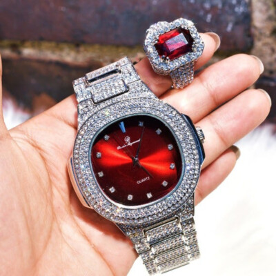 MEN HIP HOP ICED WHITE GOLD PT LAB DIAMOND RED DIAL BLING WATCH RUBY RING  SET