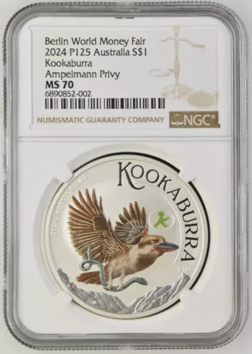 2024-P Kookaburra Berlin WMF 1oz Silver Coloured Coin NGC MS70 Eq Top Pop #2002