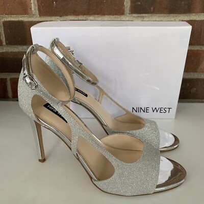 Nine West Dance3 silver glitter high heel sandals ankle strap US