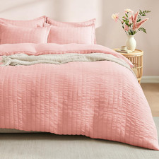 Pink Duvet Cover King Size, Super Soft Seersucker Duvet Cover Set, 3-Piece Light