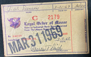 1969 Loyal Order of Moose Dues Membership Receipt Macon Georgia Lodge 1455