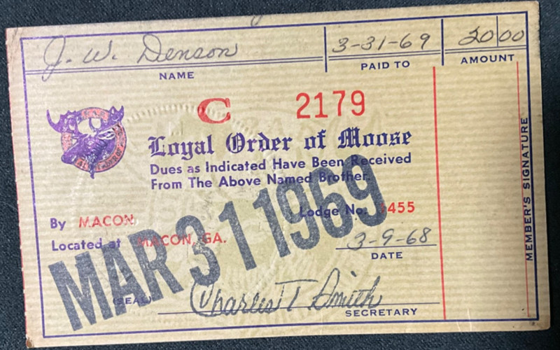 1969 Loyal Order of Moose Dues Membership Receipt Macon Georgia Lodge 1455