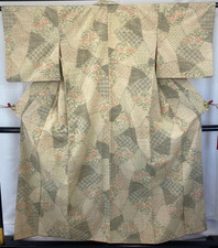 Japanese Vintage Kimono Silk Beige Tumugi Traditional Authentic Length 59 in