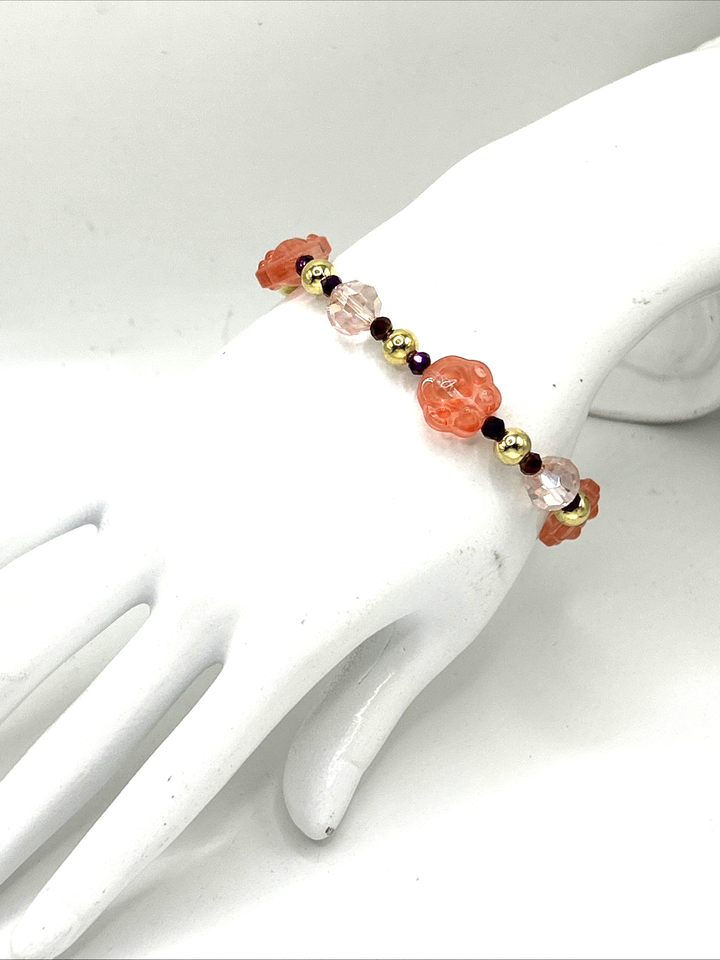2pc Set: 7.5" Peach &amp; Pink Dog/Cat Glass Paw Print Stretch Bracelet ...