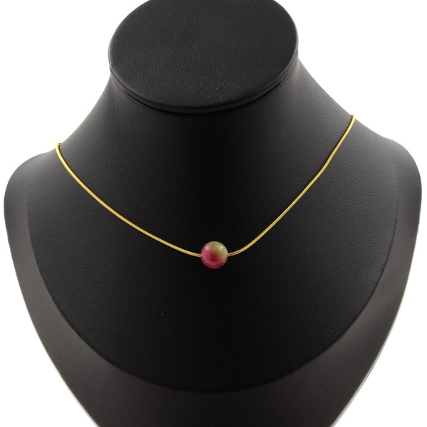 Halskette 1 Perle Turmalin Zweifarbig 8 Mm. Kette Stahl Golden Edelstahl-image