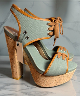 Gucci Olive Green Canvas Cork Platform Heels, Size 38 - NEW