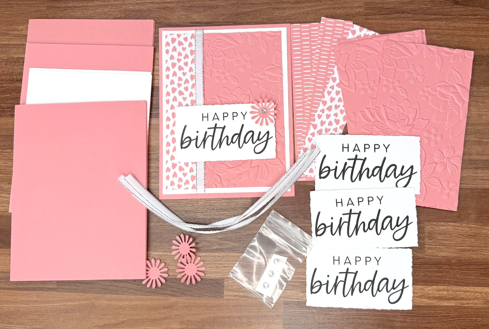 Stampin Up Card Kit Happy Birthday Embossed Layered hearts pink - makes 4 Cards