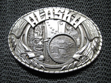 ALASKA STATE SCENE PEWTER BELT BUCKLE VINTAGE RARE IMC 1981 TOTEM POLE USA