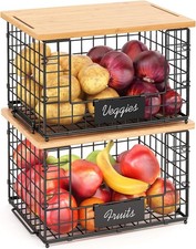 2 Pack Stackable Wire Baskets with Bamboo Top for Pantry Organizers and Storage,