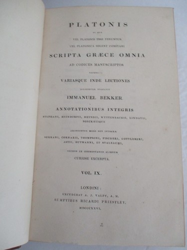 PLATONIS SCRIPTA GRAECE OMNIA, Bekker, Plato in Greek & Latin, 9 Vols, 1826 - Picture 4 of 11