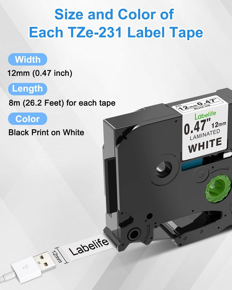 6PK 12mm Laminated Label Maker Tape Compatible with Brother P-Touch TZ-131 TZe-131 PT-D210