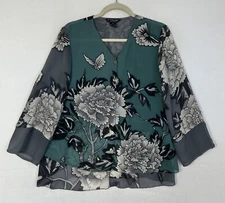 Citron Santa Monica Women’s Blouse Teal Gray Floral V Neck Layer Button Size M