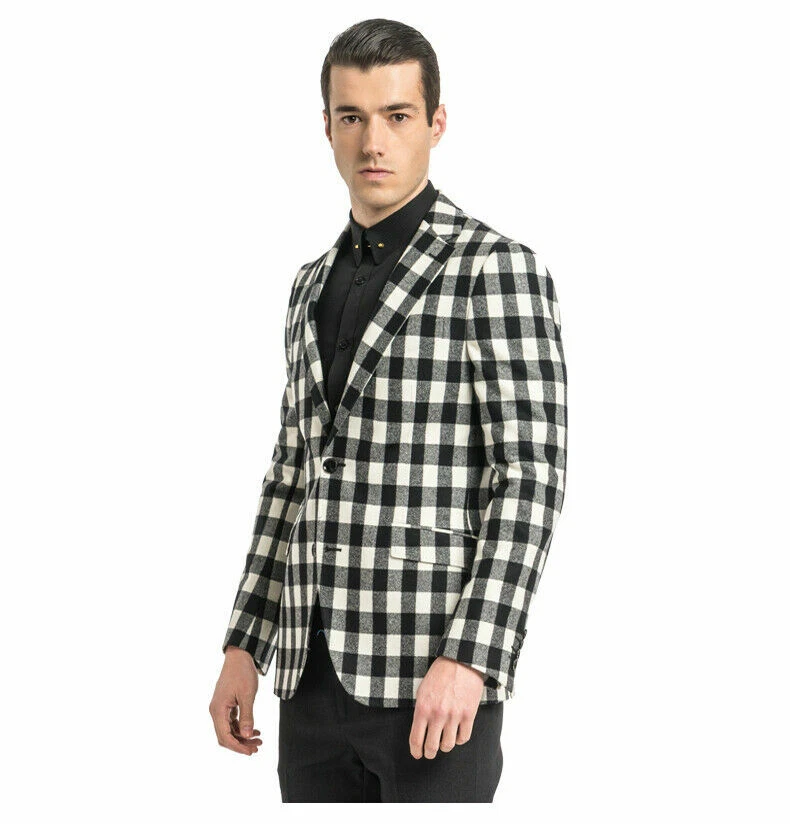 Blazer a cuadros blanco y negro para hombre a cuadros informal de negocios ajustado ropa de trabajo esmoquin Foto 2 de 4
