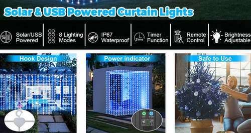 Solar Curtain Lights Outdoor Garden, 3×3m 300LED, Upgraded USB Powered, Remote C - Picture 8 of 9