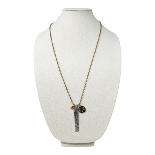 TWO TONE THANKFUL VERTICAL CHARM, TREE OF LIFE, HEART CHARM NECKLACE - Picture 1 of 4