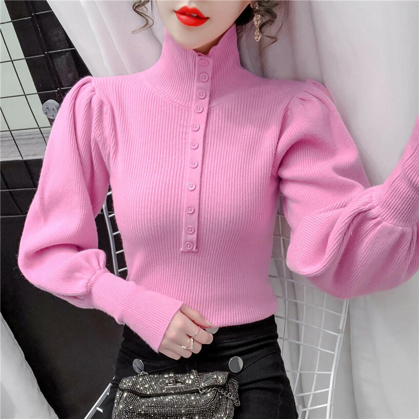 Womens Korean Fashion Turtleneck Puff Sleeves Knitted Jumpers Pullover Sweater