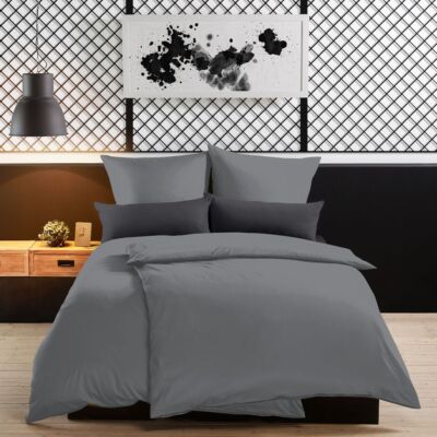 Lorena Uni Mako Satin Bettwäsche Kissenbezüge Spannbettlaken 7190-83 stahlgrau