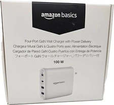 Amazon Basics 100W Four-Port GaN Wall Charger 2 USB-C (100W, 18W)  2 USB-A WHITE