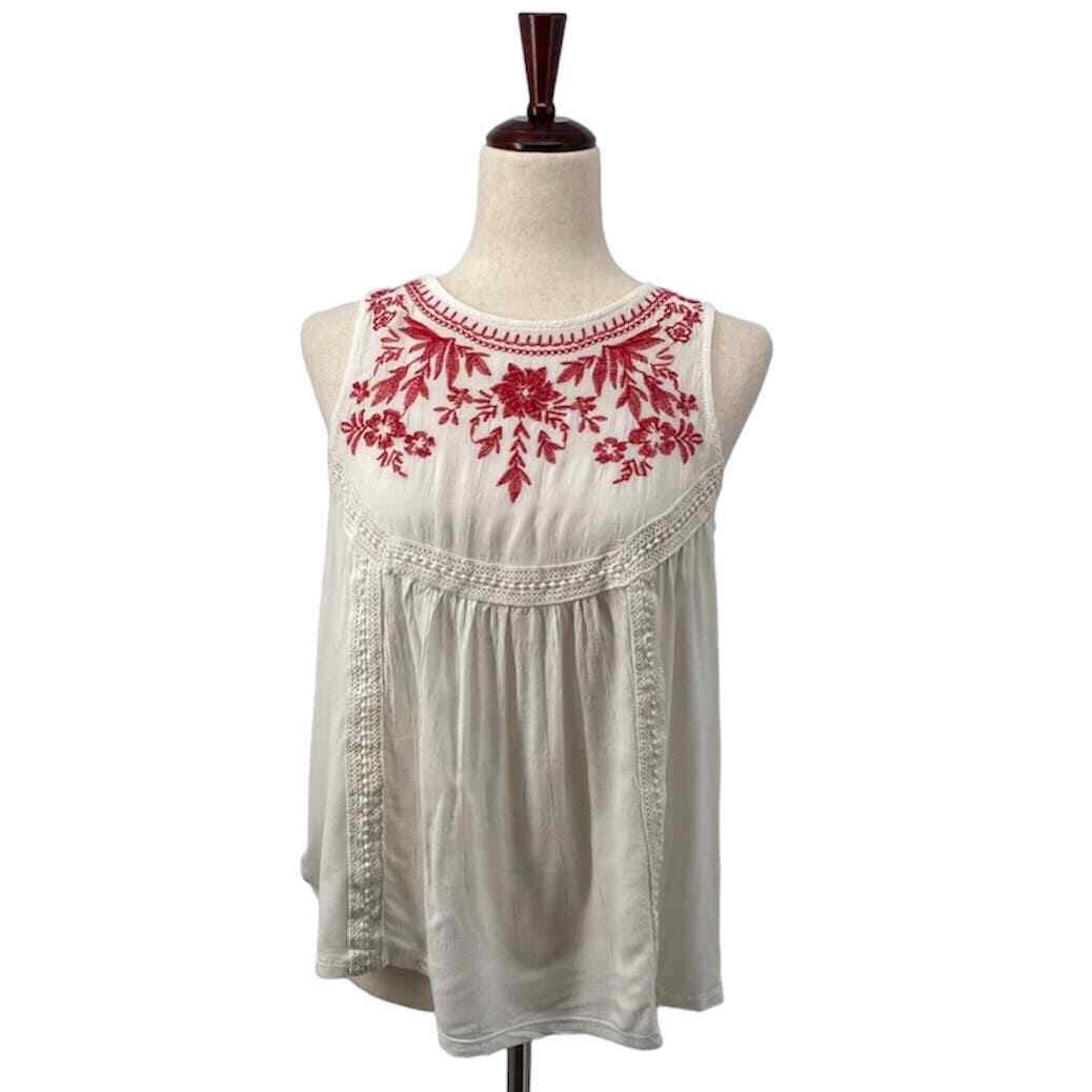 Knox Rose S Sleeveless Rayon Peasant Tank Top White Red Floral