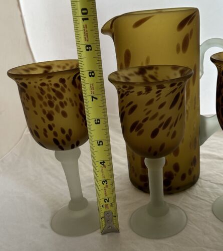 Vintage Handmade Tortoise Shell Frosted Glass Pitcher & 3 Goblet Set - Picture 22 of 24