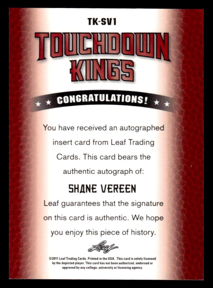 Shane Vereen /25 2011 Leaf Draft Touchdown Kings Autograph Rookie Auto - Image 2 of 2