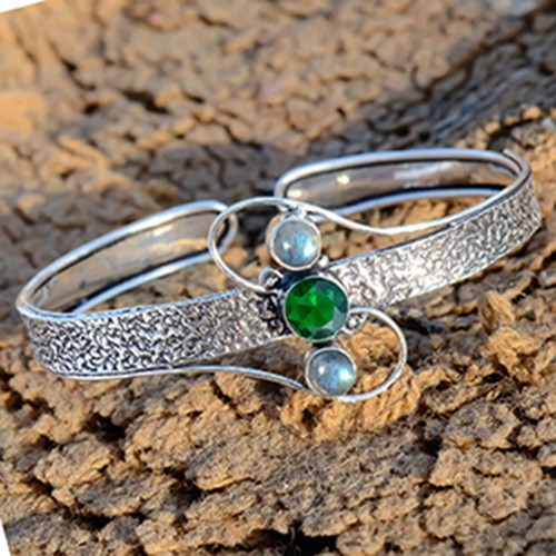 Chrome Diopside, Fire Labradorite Gemstone Cuff 925 Sterling Silver Hand Bangle - 第 4/6 張圖片