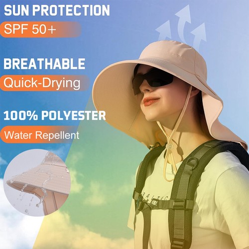 Women Wide Brim Sun Hat with Neck Flap Ponytail Hole for Fishing Hiking Camping - Picture 2 of 9